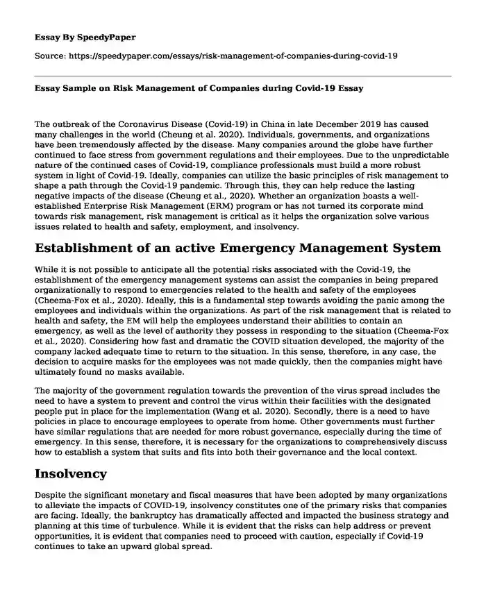 Essay Sample on Risk Management of Companies during Covid-19