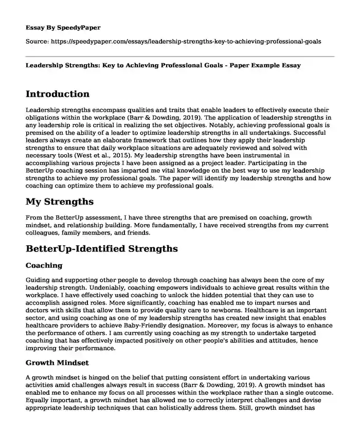 Leadership Strengths: Key to Achieving Professional Goals - Paper Example