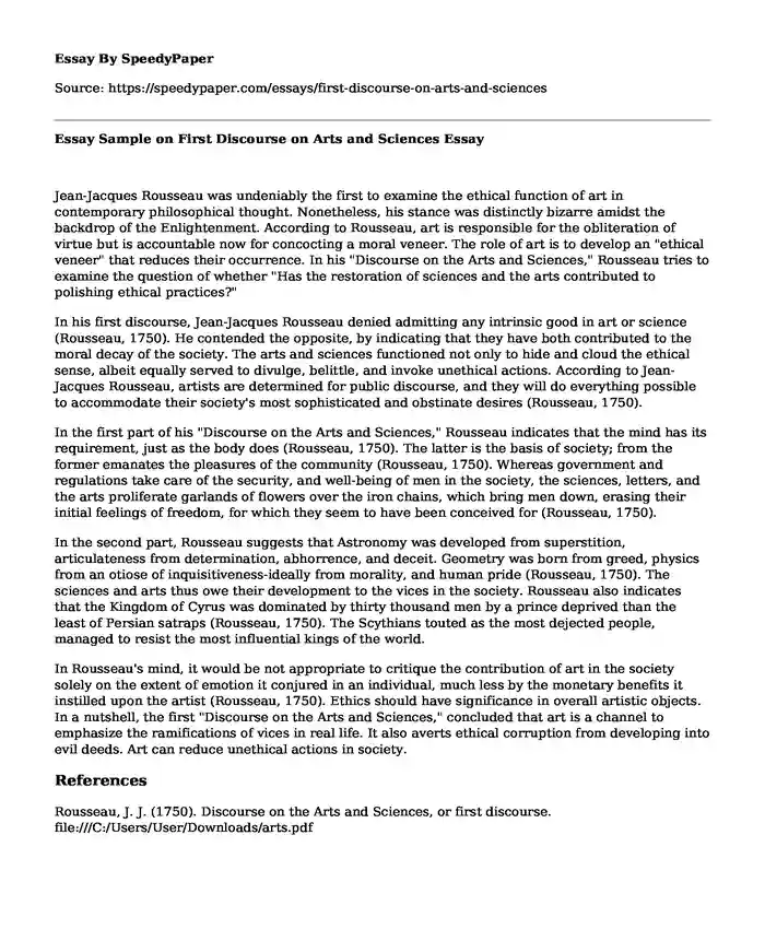 Essay Sample on First Discourse on Arts and Sciences