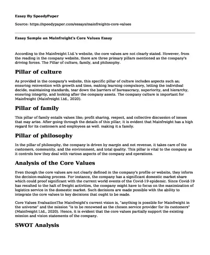 Essay Sample on Mainfreight's Core Values