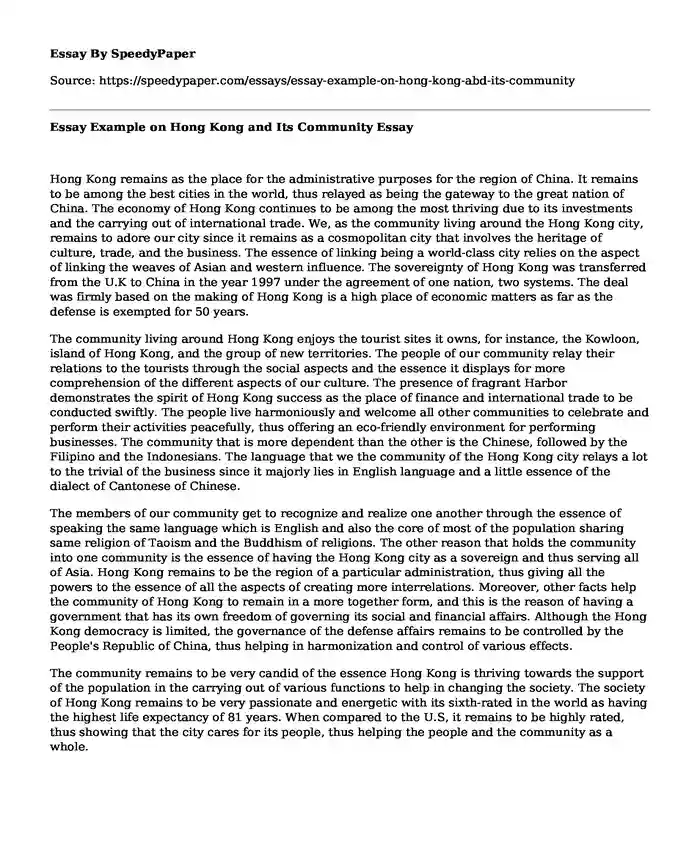 Essay Example on Hong Kong and Its Community