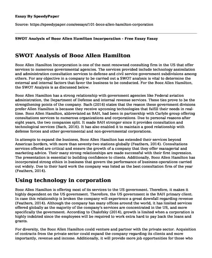 SWOT Analysis of Booz Allen Hamilton Incorporation - Free Essay