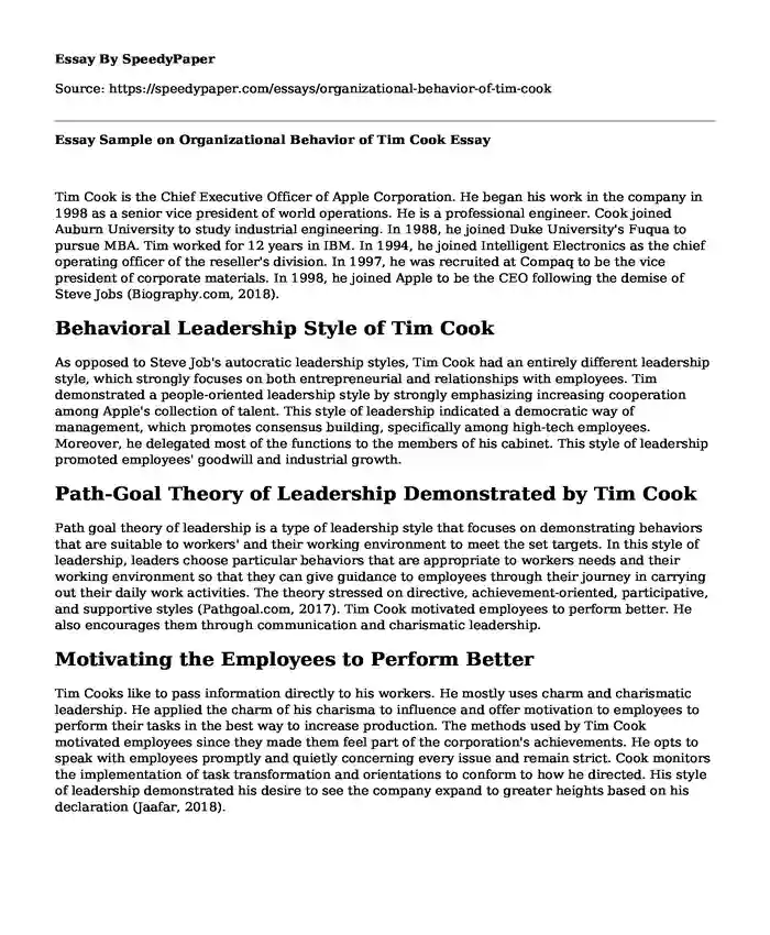 Essay Sample on Organizational Behavior of Tim Cook