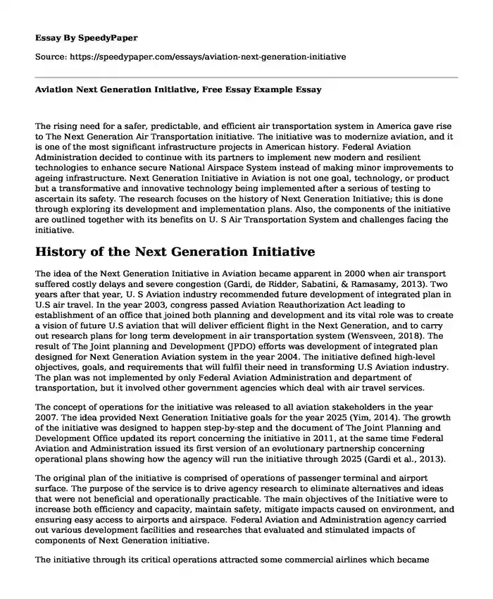 Aviation Next Generation Initiative, Free Essay Example