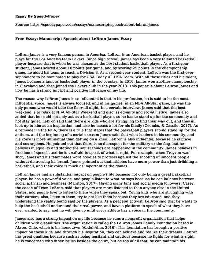 Free Essay: Manuscript Speech about LeBron James