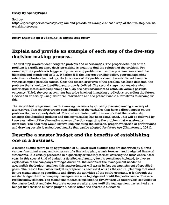 Essay Example on Budgeting in Businesses
