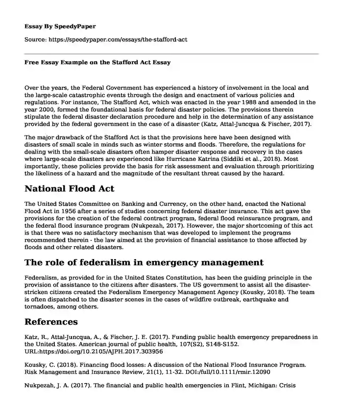 Free Essay Example on the Stafford Act
