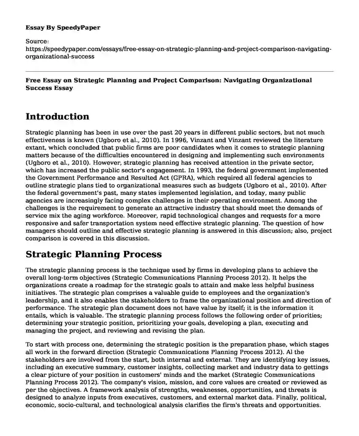 Free Essay on Strategic Planning and Project Comparison: Navigating Organizational Success
