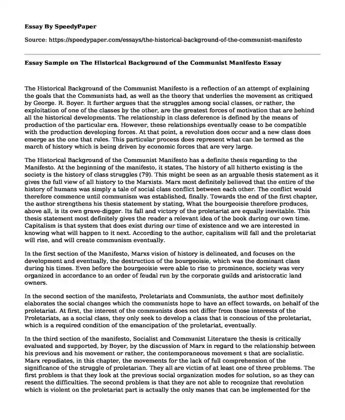 Essay Sample on The Historical Background of the Communist Manifesto