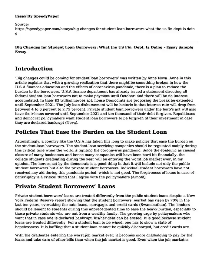 Big Changes for Student Loan Borrowers: What the US Fin. Dept. Is Doing - Essay Sample