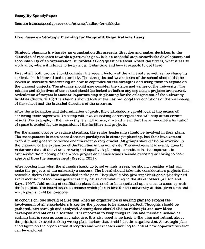 Free Essay on Strategic Planning for Nonprofit Organizations