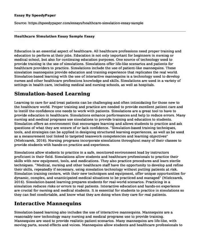 Healthcare Simulation Essay Sample