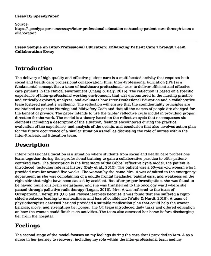 Essay Sample on Inter-Professional Education: Enhancing Patient Care Through Team Collaboration