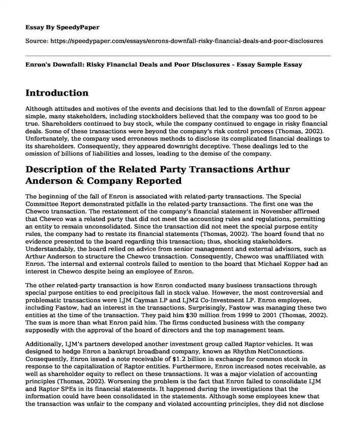 Enron's Downfall: Risky Financial Deals and Poor Disclosures - Essay Sample