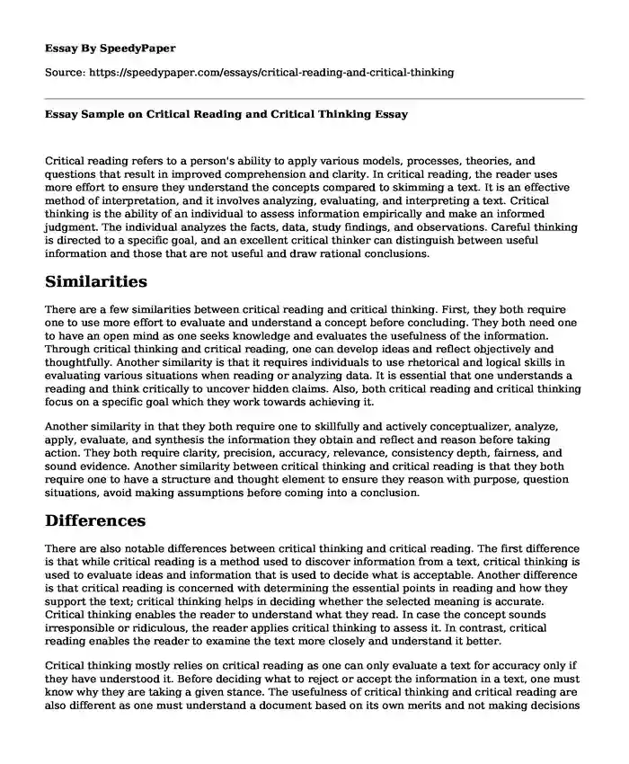 Essay Sample on Critical Reading and Critical Thinking