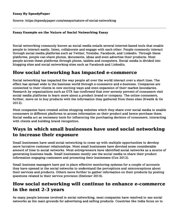 Essay Example on the Nature of Social Networking