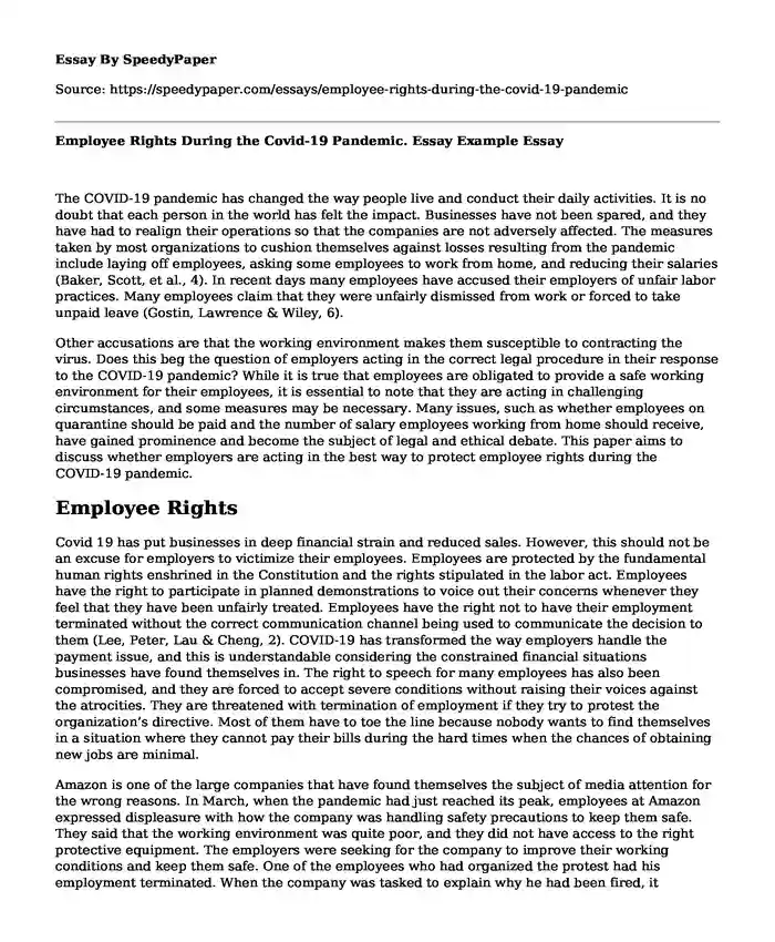 Employee Rights During the Covid-19 Pandemic. Essay Example