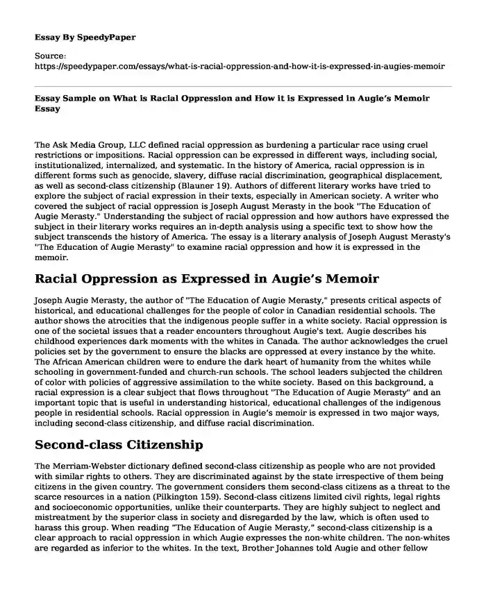 Essay Sample on What is Racial Oppression and How it is Expressed in Augie's Memoir
