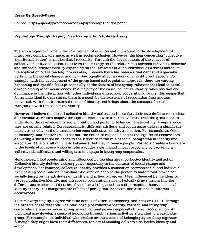 Psychology Thought Paper, Free Example for Students