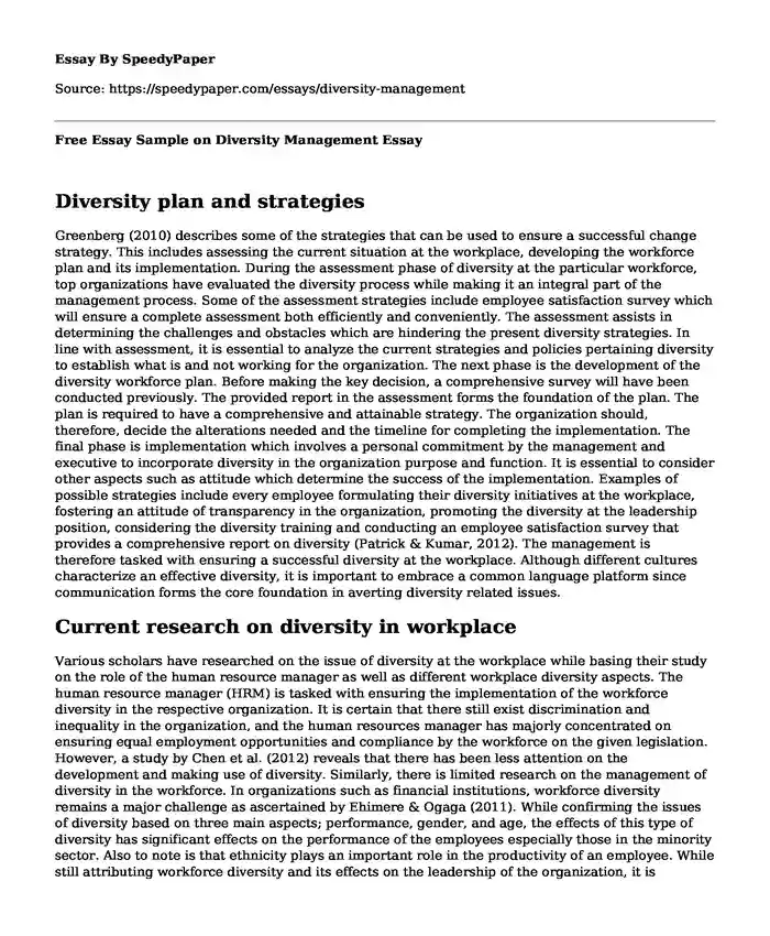 Free Essay Sample on Diversity Management