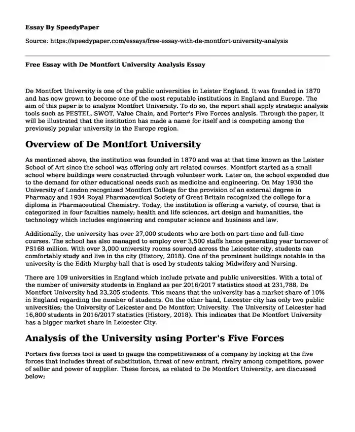 Free Essay with De Montfort University Analysis