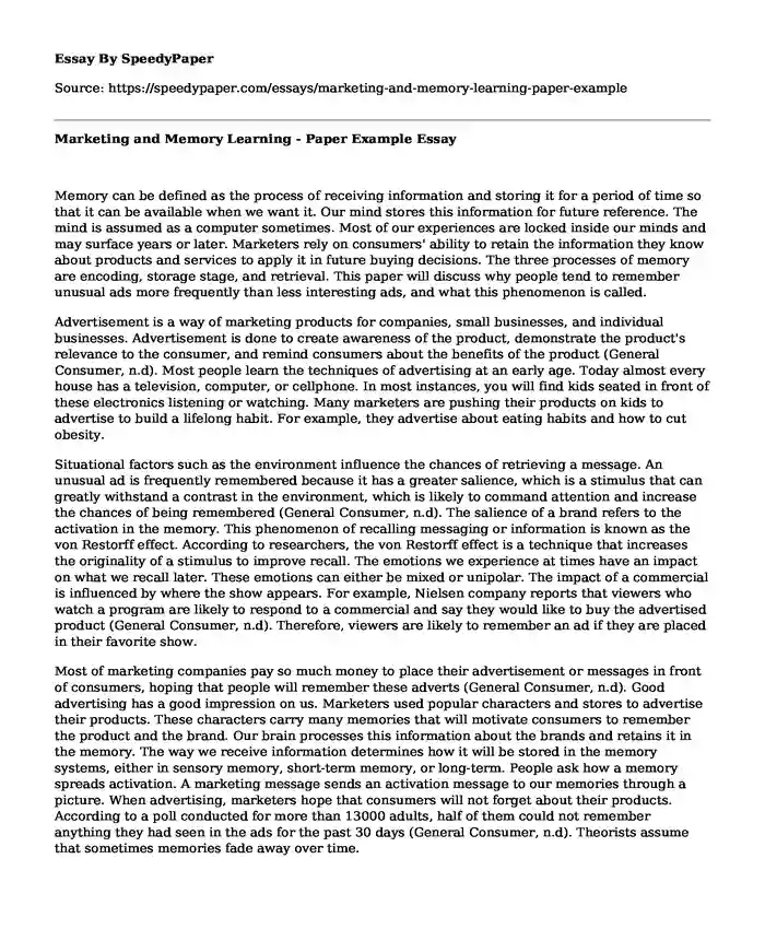 Marketing and Memory Learning - Paper Example