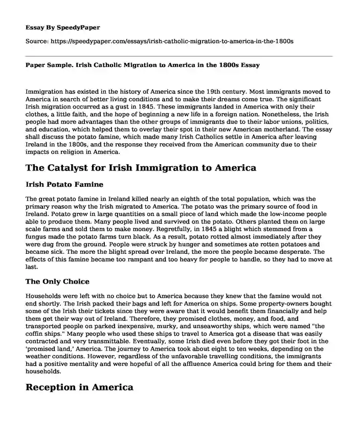 Paper Sample. Irish Catholic Migration to America in the 1800s