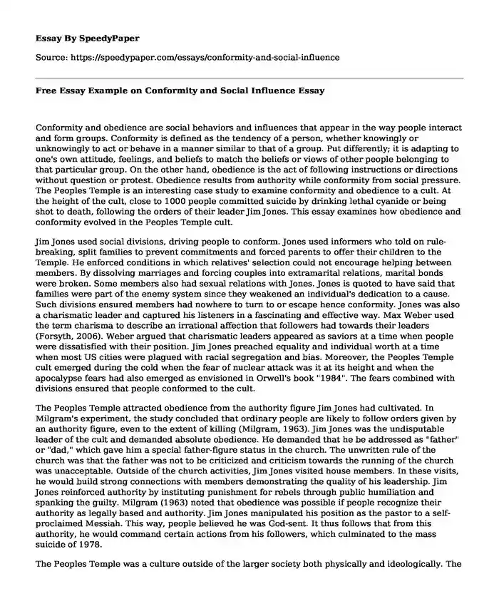 Free Essay Example on Conformity and Social Influence
