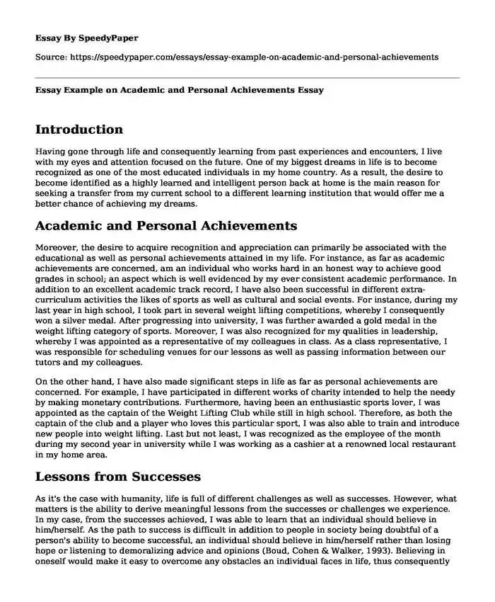 Essay Example on Academic and Personal Achievements