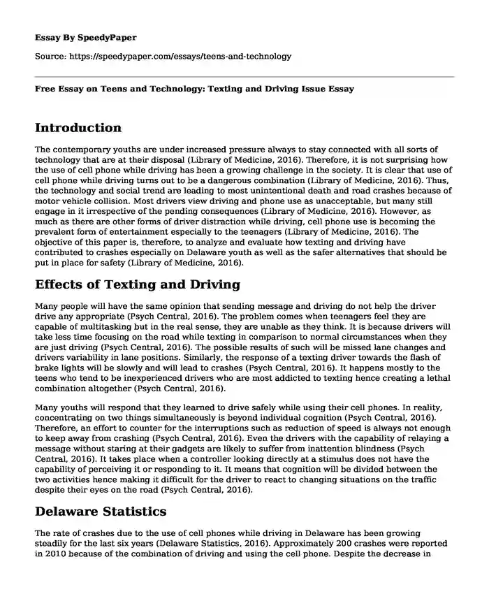 Free Essay on Teens and Technology: Texting and Driving Issue