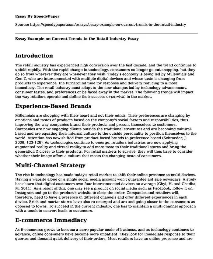 Essay Example on Current Trends in the Retail Industry