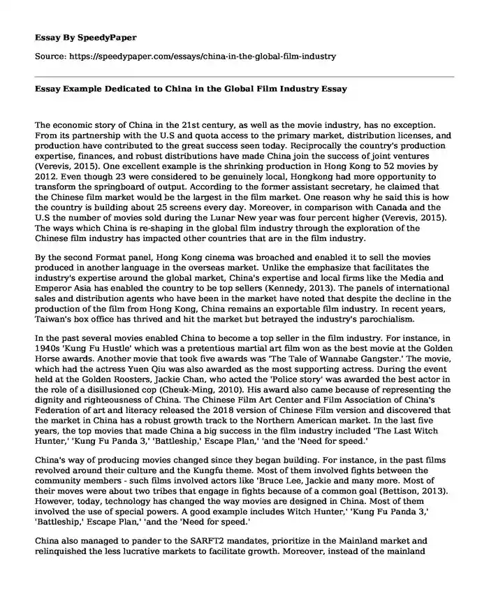 Essay Example Dedicated to China in the Global Film Industry