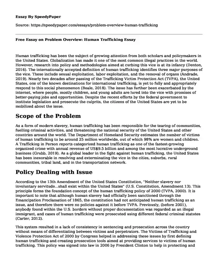 Free Essay on Problem Overview: Human Trafficking