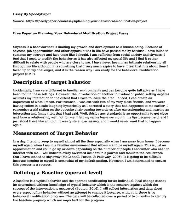 Free Paper on Planning Your Behavioral Modification Project