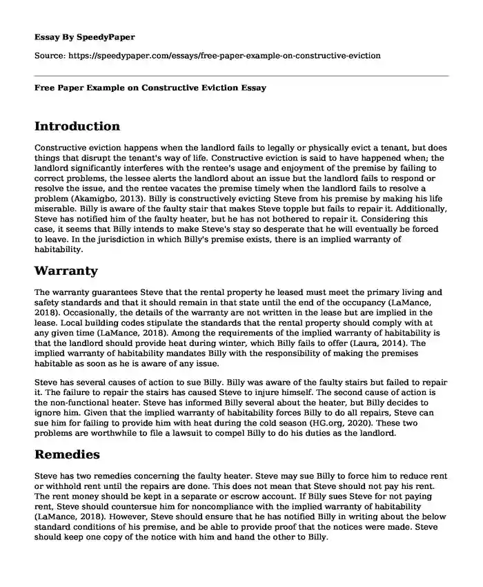Free Paper Example on Constructive Eviction