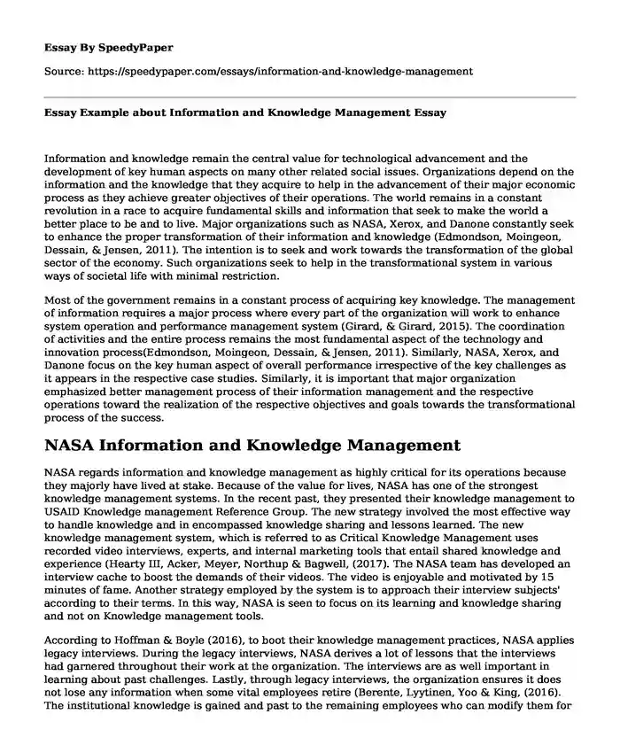 Essay Example about Information and Knowledge Management