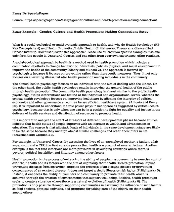 Essay Example - Gender, Culture and Health Promotion: Making Connections