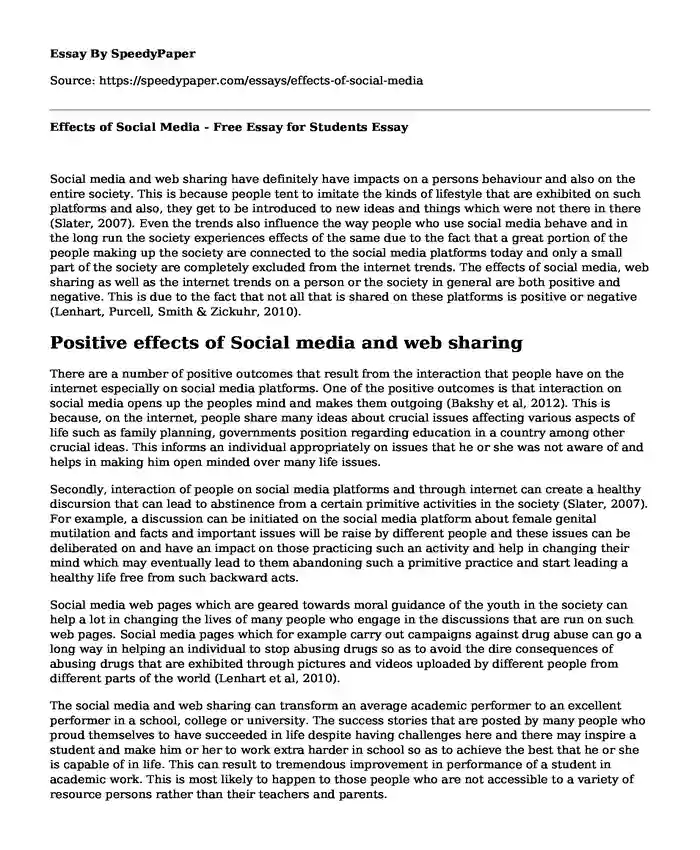 Effects of Social Media - Free Essay for Students