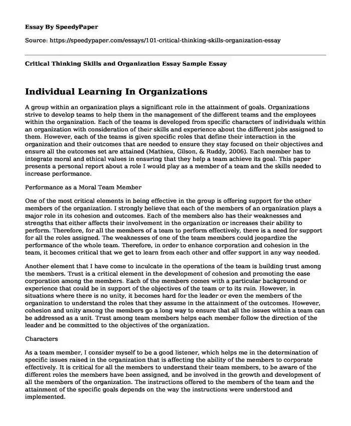 Critical Thinking Skills and Organization Essay Sample