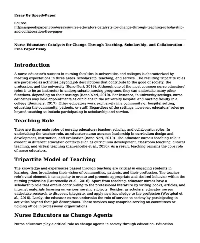 Nurse Educators: Catalysts for Change Through Teaching, Scholarship, and Collaboration - Free Paper