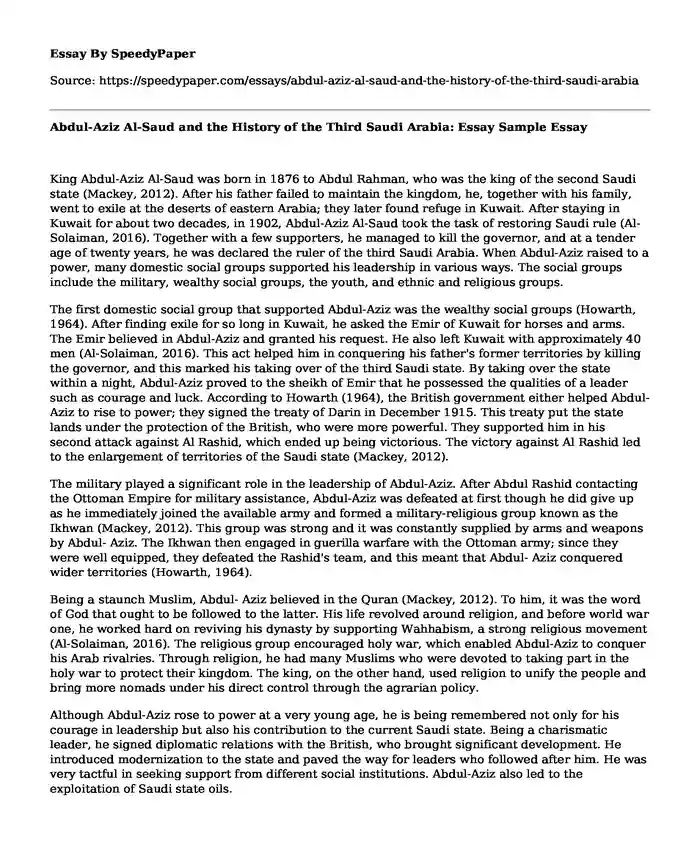 Abdul-Aziz Al-Saud and the History of the Third Saudi Arabia: Essay Sample