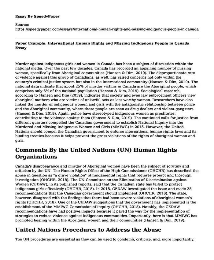 Paper Example: International Human Rights and Missing Indigenous People in Canada