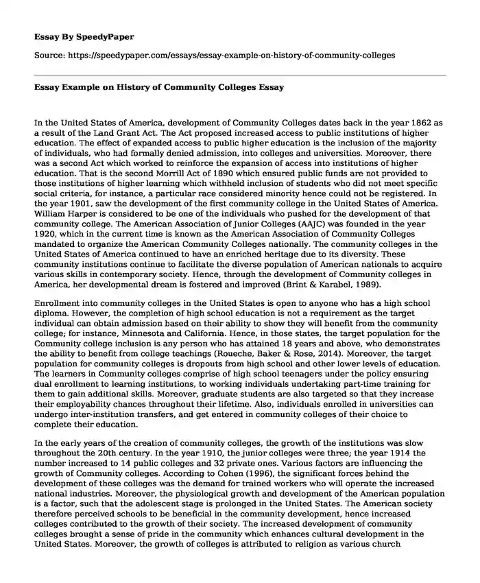Essay Example on History of Community Colleges