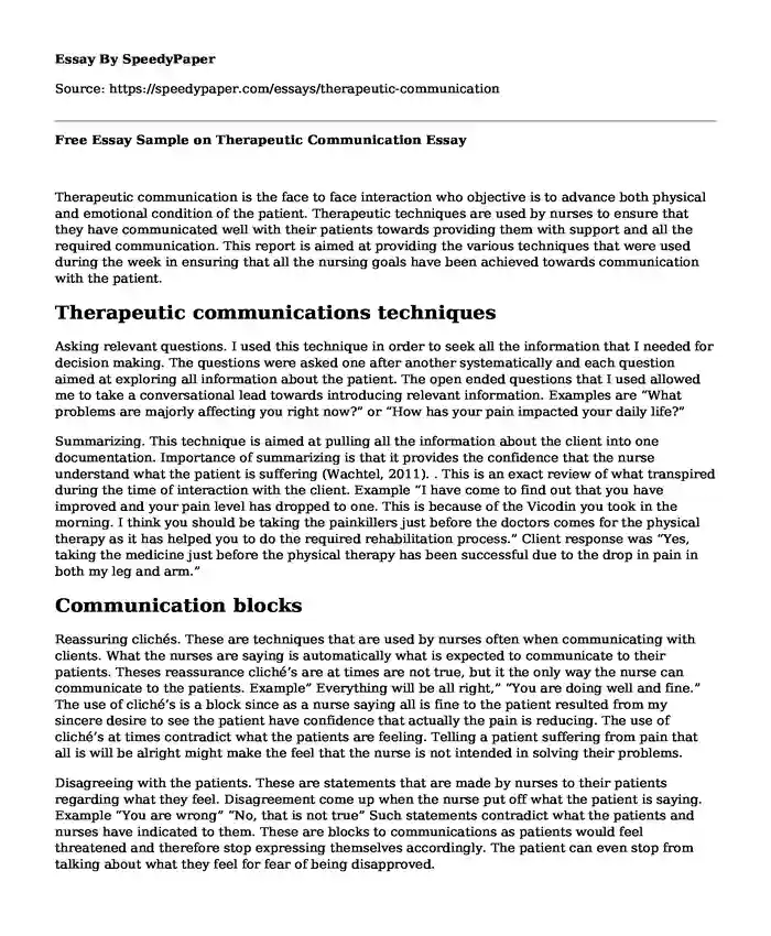 Free Essay Sample on Therapeutic Communication