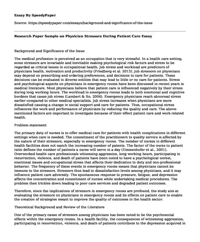 Research Paper Sample on Physician Stressors During Patient Care