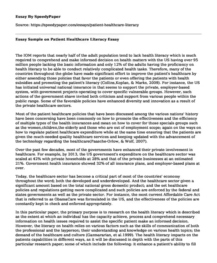 Essay Sample on Patient Healthcare Literacy