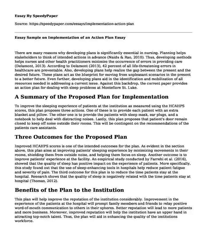 Essay Sample on Implementation of an Action Plan