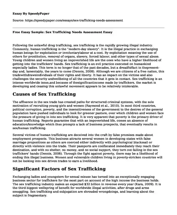 Free Essay Sample: Sex Trafficking Needs Assessment