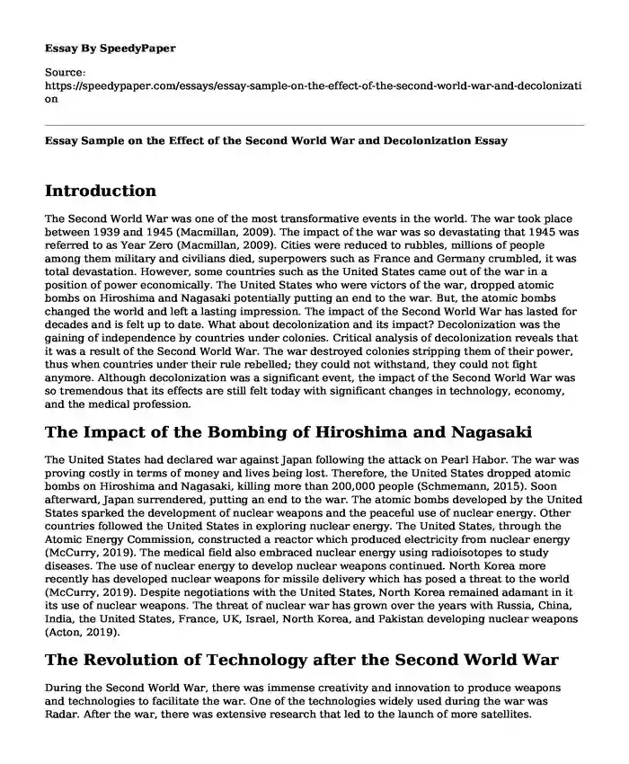 Essay Sample on the Effect of the Second World War and Decolonization