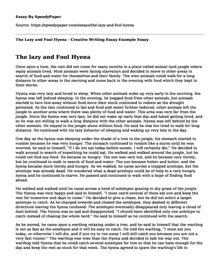 The Lazy and Fool Hyena - Creative Writing Essay Example